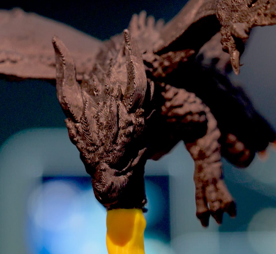 Macro photograph of genuine 3D print layer lines on a dragon sculpture crafted at Galgotias Buildspace
